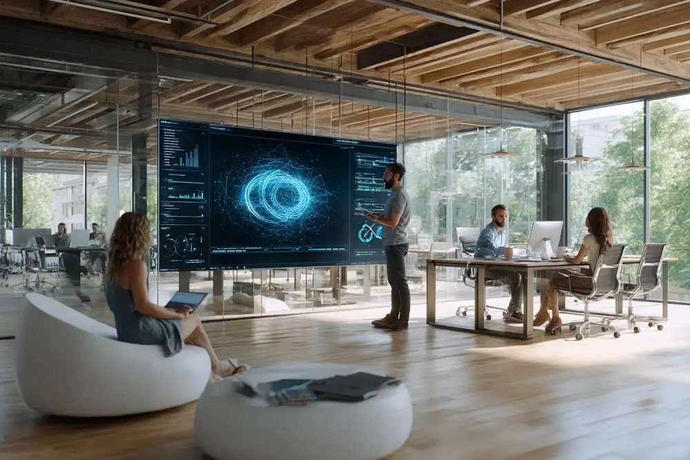 Beratungsgespräch zur IT-Landschaft in einem Büro mit Architektur- und Monitoring-Ansichten auf großen Bildschirmen