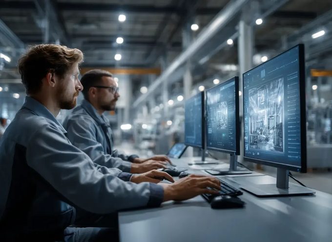 Ingenieure und IT-Fachleute überwachen an Bildschirmen eine laufende Produktionslinie