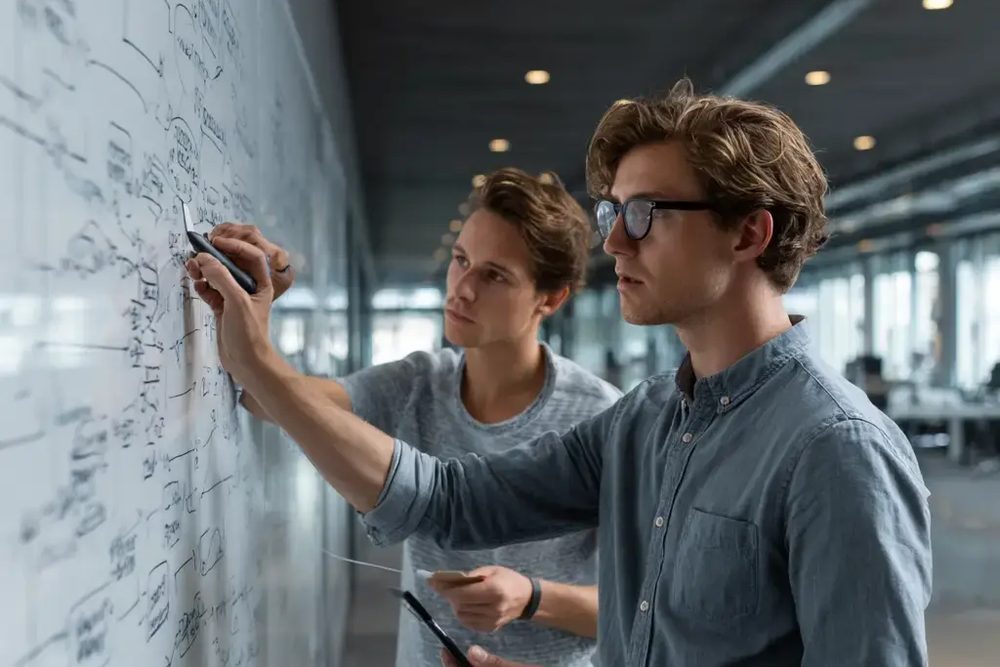 Zwei Fachleute skizzieren an einer Wand, welche Anwendungsfälle für künstliche Intelligenz in Frage kommen