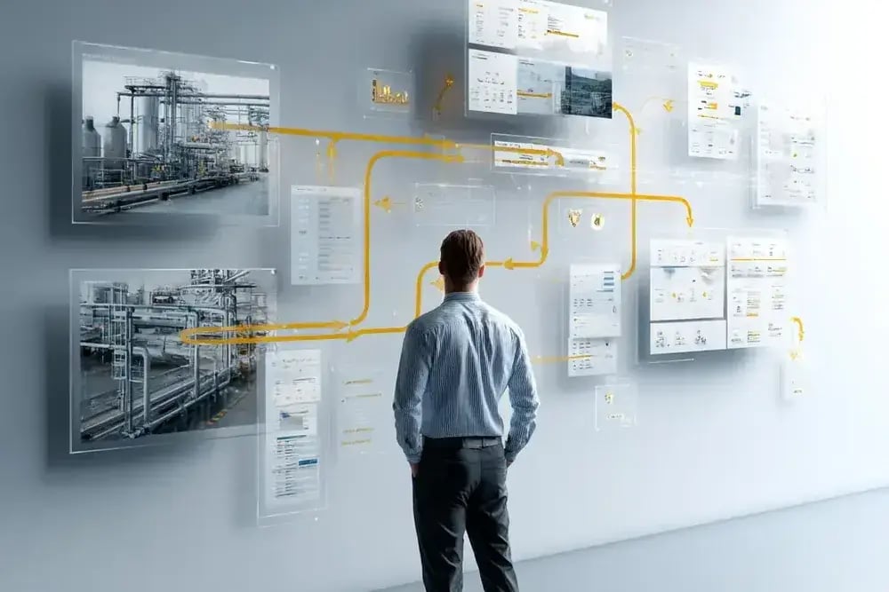 Production manager in front of a wall of equipment and process plans