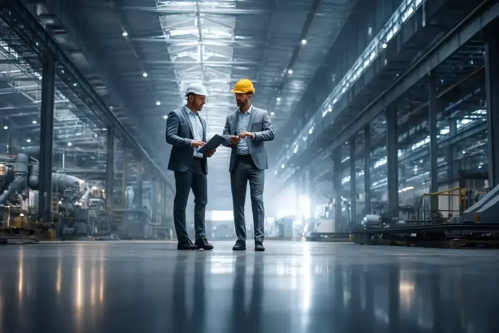 Two managers wearing hard hats are walking through a manufacturing plant