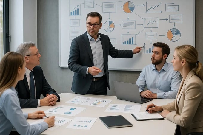 Führungskräfte besprechen an einer Auswertung, wie Preise im Unternehmen zustande kommen