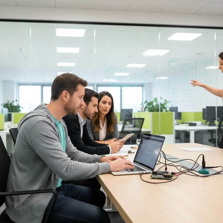 Freelance Embedded Software Entwickler im Projektteam bei der Arbeit