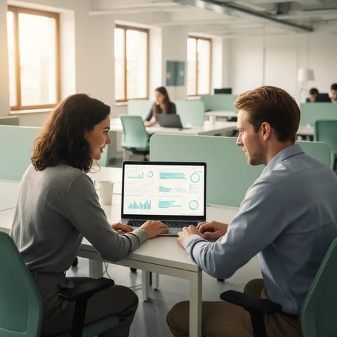 Zwei Fachkräfte analysieren gemeinsam ein Daten-Dashboard