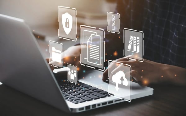 Management by objectives: Laptop with document and lock icons