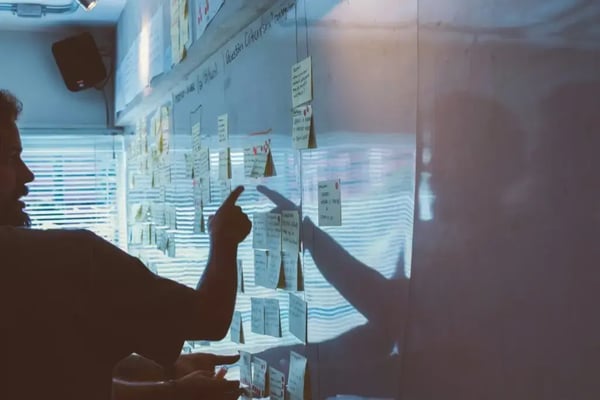OKR method: Team at a glass wall covered in sticky notes