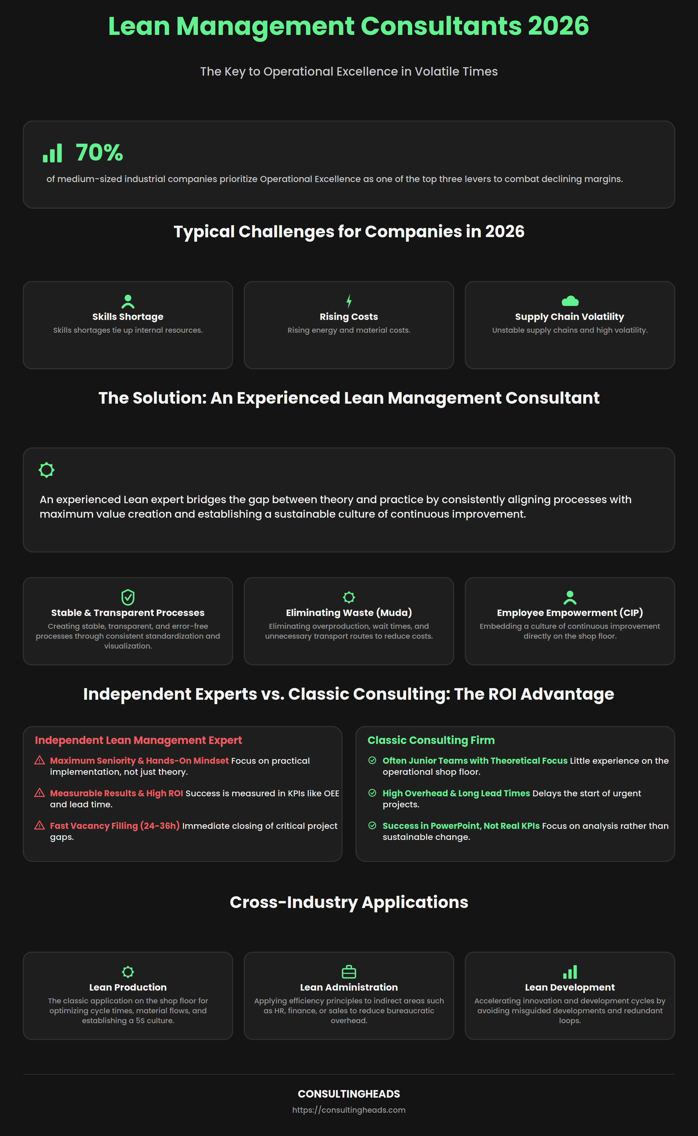 Infographic: lean management consultants for operational excellence — methods, roles, and measurable impact