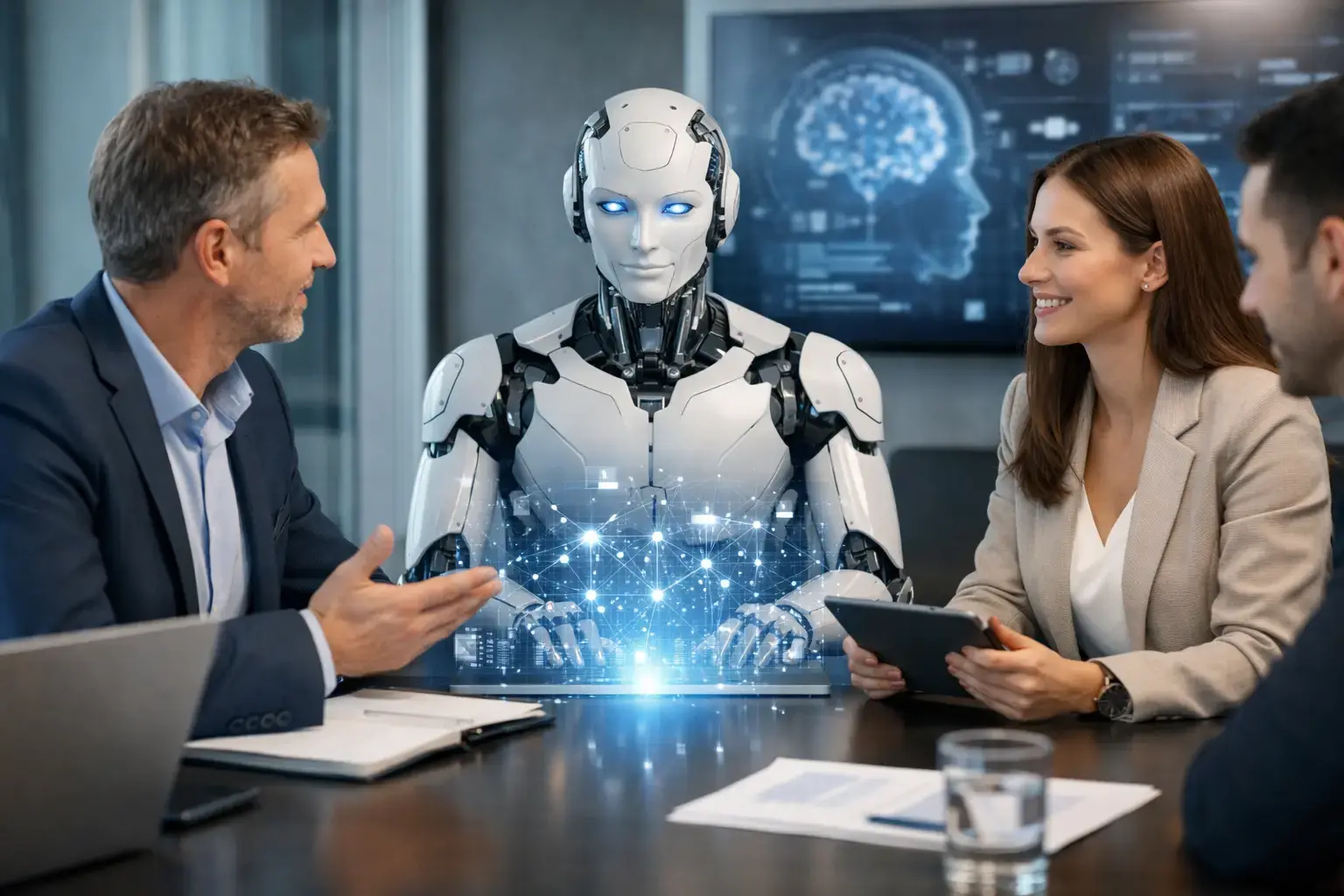 AI Berater auf Projektbasis: Humanoider Roboter mit leuchtendem Gehirn-Symbol am Konferenztisch