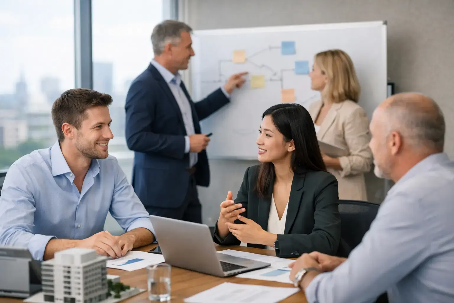 Carve-out-Teams Best Practices: Manager präsentiert am Whiteboard, auf dem Tisch ein Gebäudemodell