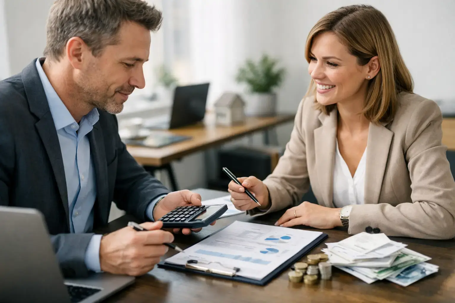 Freelance consultant costs: Two consultants working with a calculator and receipts