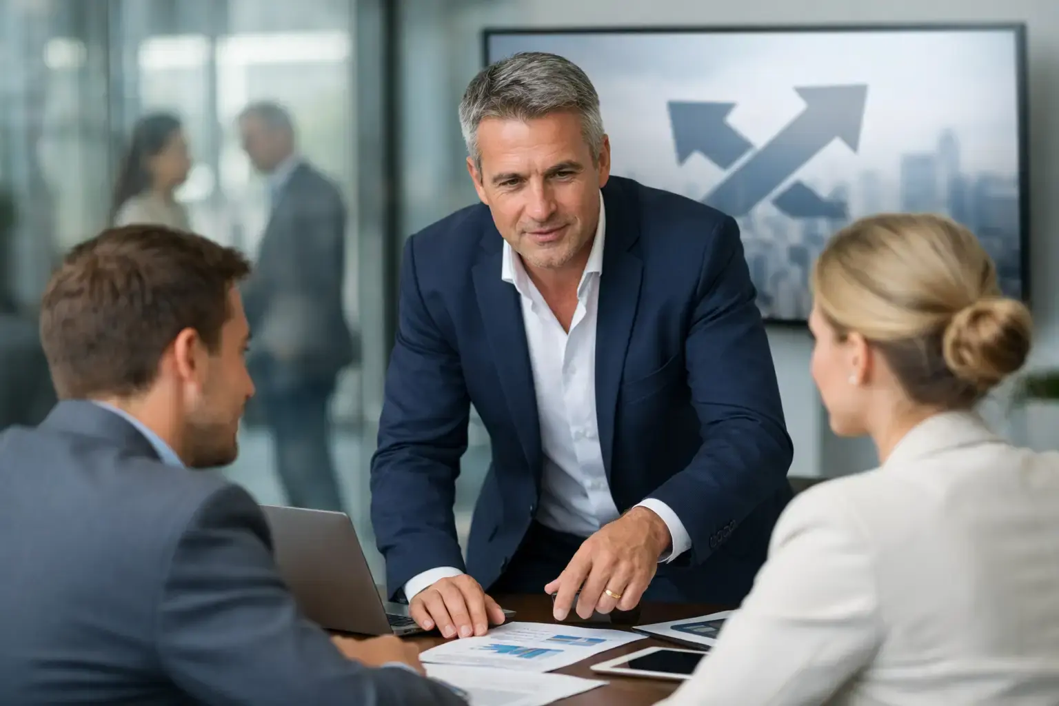 Post Merger Integration Interim Manager: Manager im Stehen am Konferenztisch vor Wachstumspfeilen