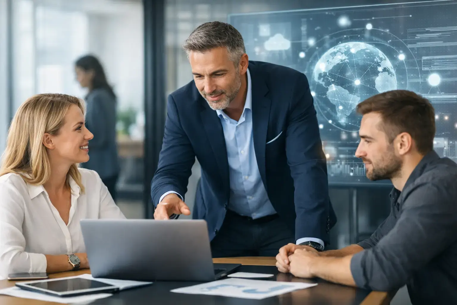 Programmmanager digitale Transformation: Manager zeigt am Laptop mit Weltkugel-Grafik auf Kennzahlen