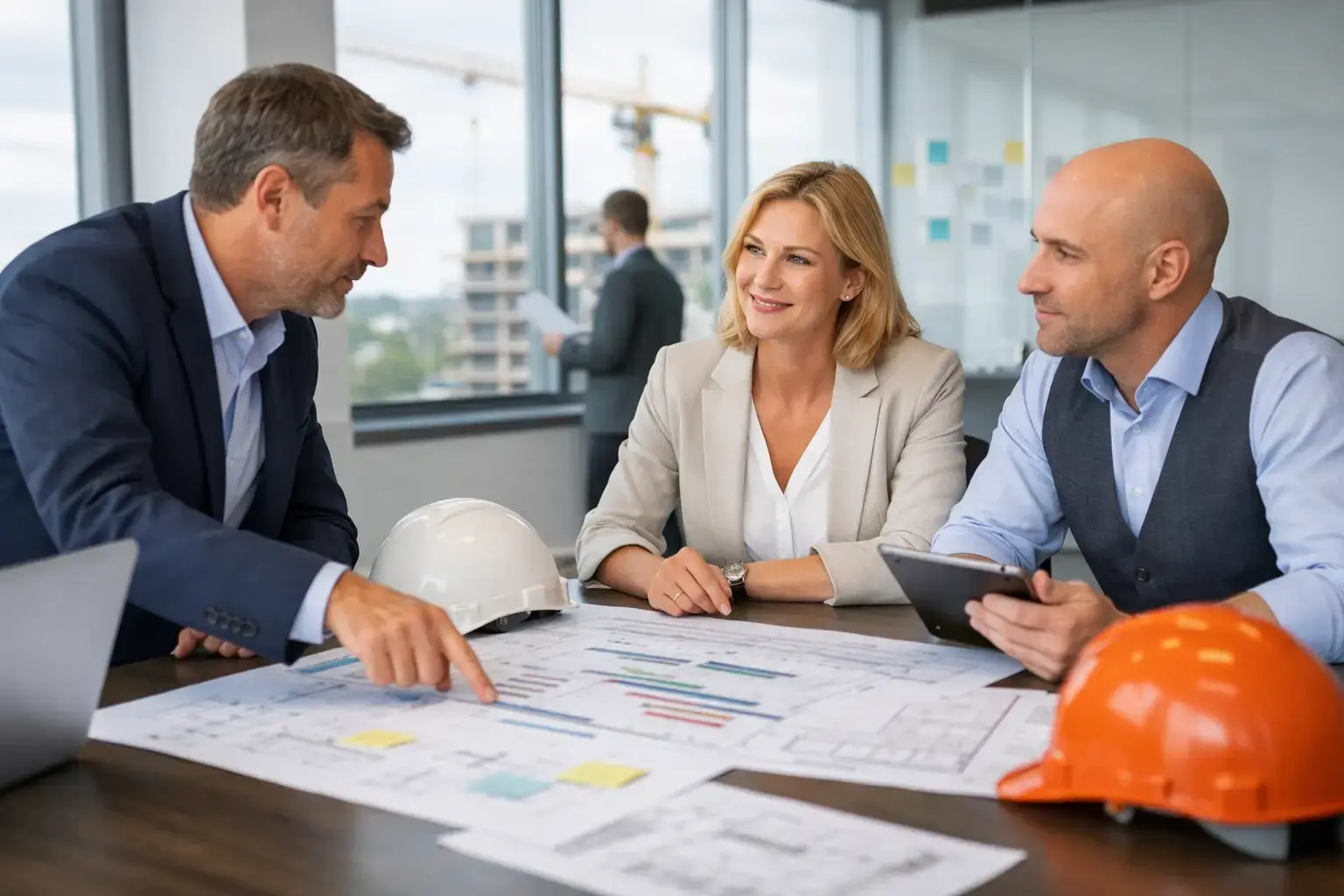 PMI project specialists: Three people with construction plans and a hard hat