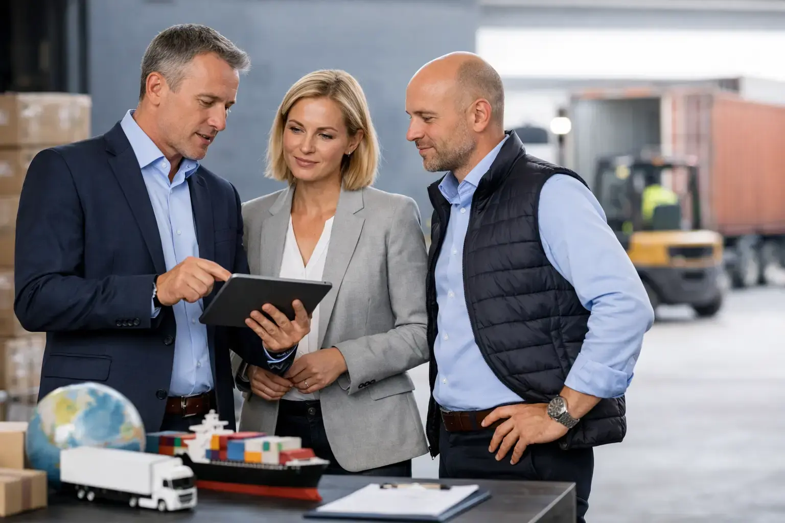 Supply chain interim management: Three professionals with a tablet and truck models in a warehouse