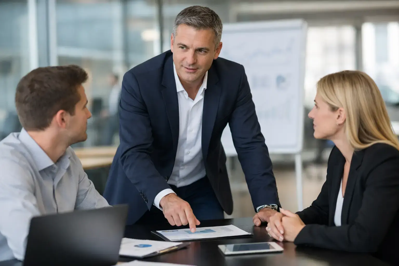 Turnaround Manager kurzfristig: Manager im Stehen am Konferenztisch vor dem Whiteboard
