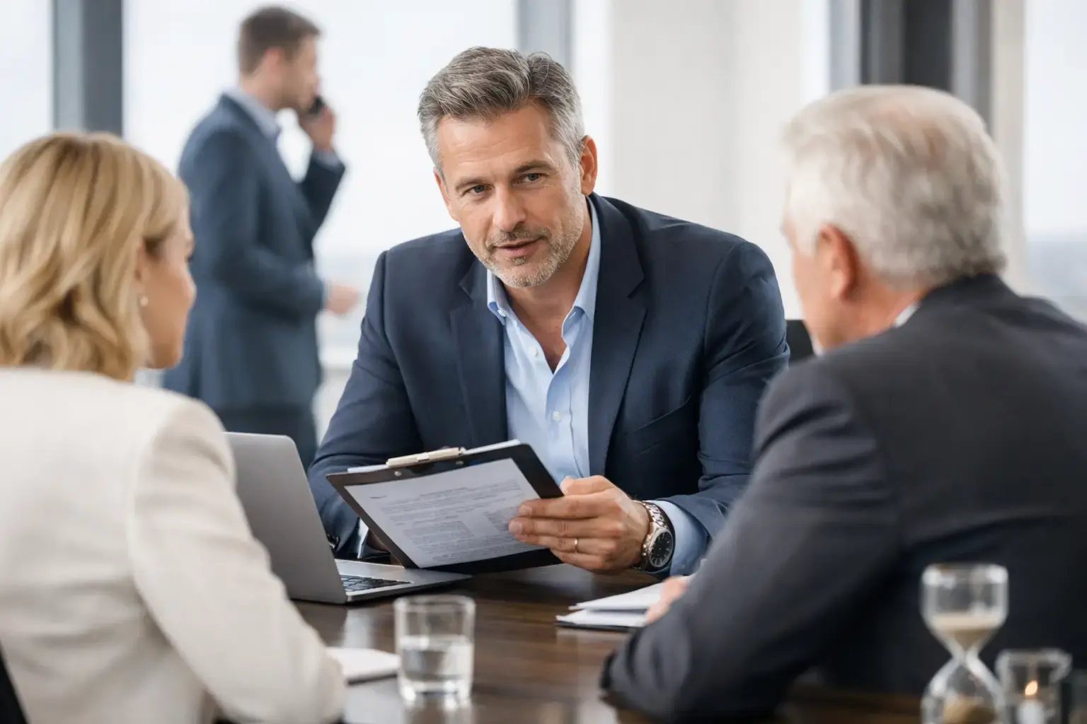 When interim management is worth it: Consultant with a clipboard and an hourglass on the table