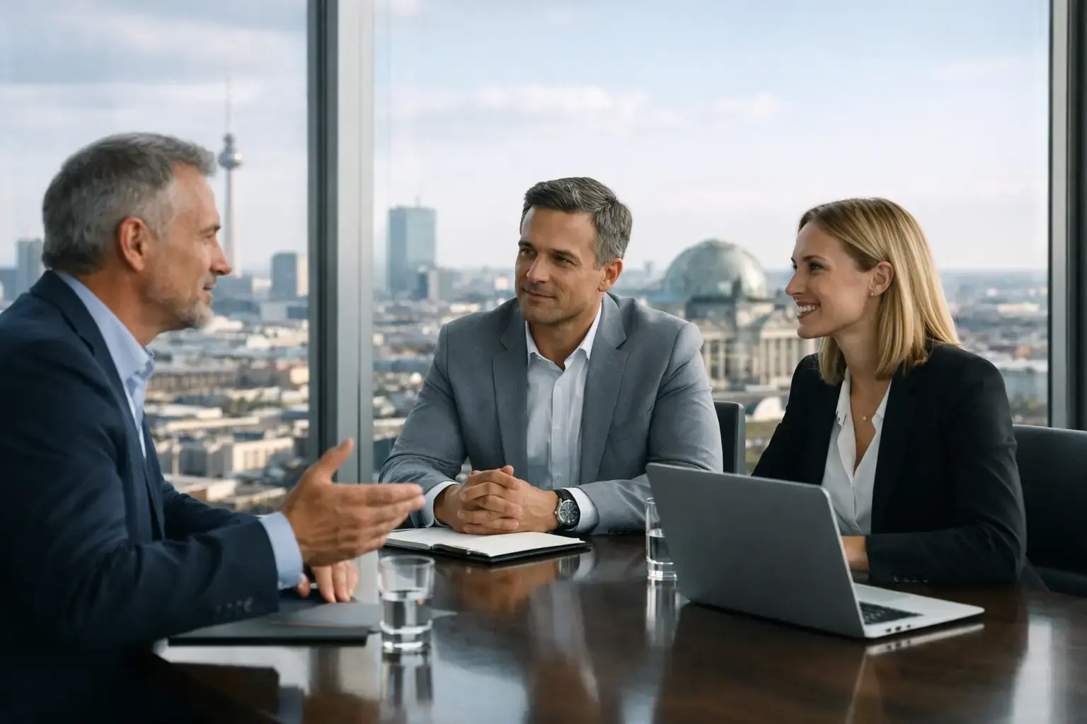 Future of interim management in Germany: Three executives at a table with a city skyline view