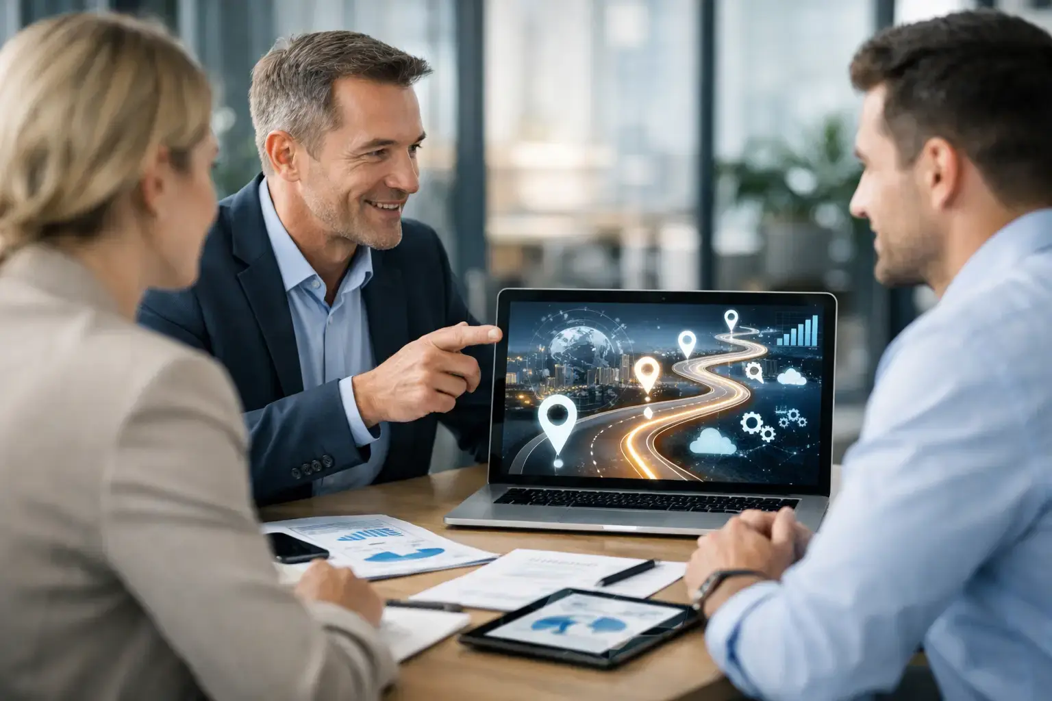 Digitale Roadmap extern umsetzen: Beratungsgespräch am Laptop mit Roadmap-Grafik, Wegpunkten und Kennzahlen