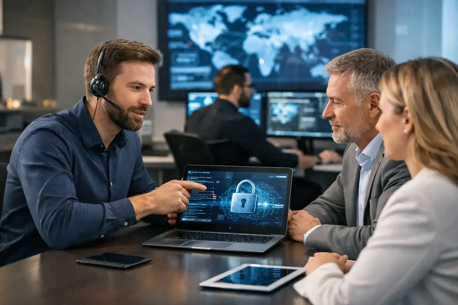IT-Sicherheitslücken mit externen Experten schließen: Team vor einem Sicherheits-Dashboard mit Schloss-Symbol