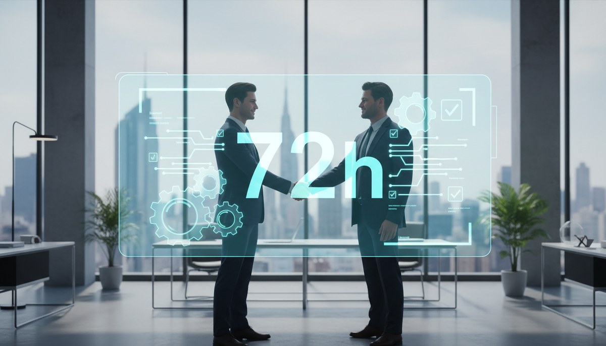 Freelancer-Onboarding in 72 Stunden: Handschlag im Büro vor einem Hologramm mit 72h, Zahnrädern und Häkchen