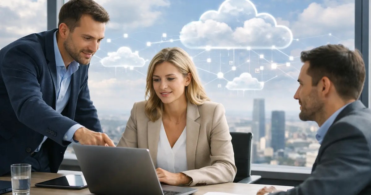 Cloud Transformation: Team bespricht Migrationsplan am Laptop vor Cloud-Netzwerkgrafik