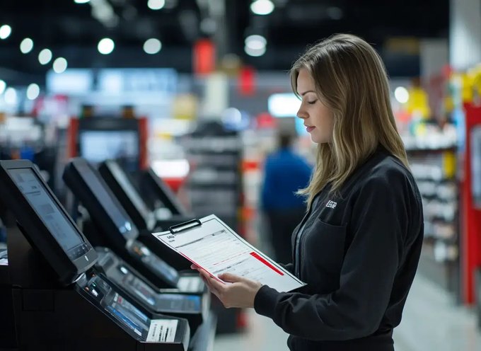 Personalarbeit im Handel: Mitarbeiterin erfasst Bestände mit einem Tablet in der Filiale