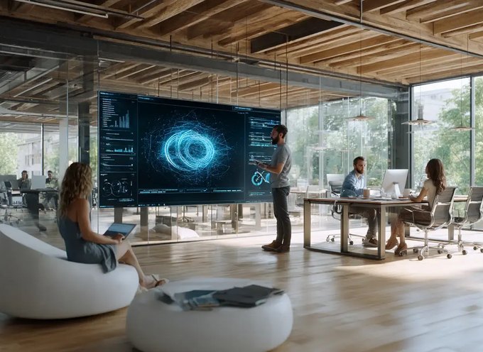 Personalarbeit in Technologieunternehmen: Team im offenen Büro bei der gemeinsamen Abstimmung
