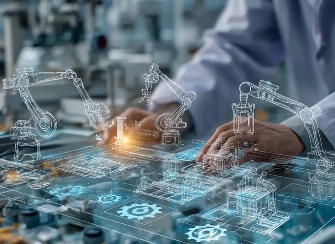Fertigungsumgebung mit vernetzten Anlagen und Produktionsdaten auf einem Bildschirm