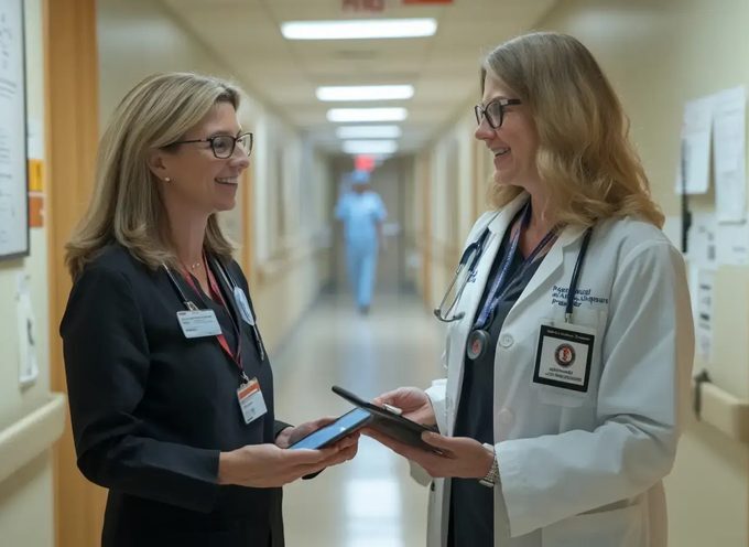 Fachkraft aus der Klinik-IT im Gespräch mit einer Ärztin über digitale Unterstützung im Ablauf